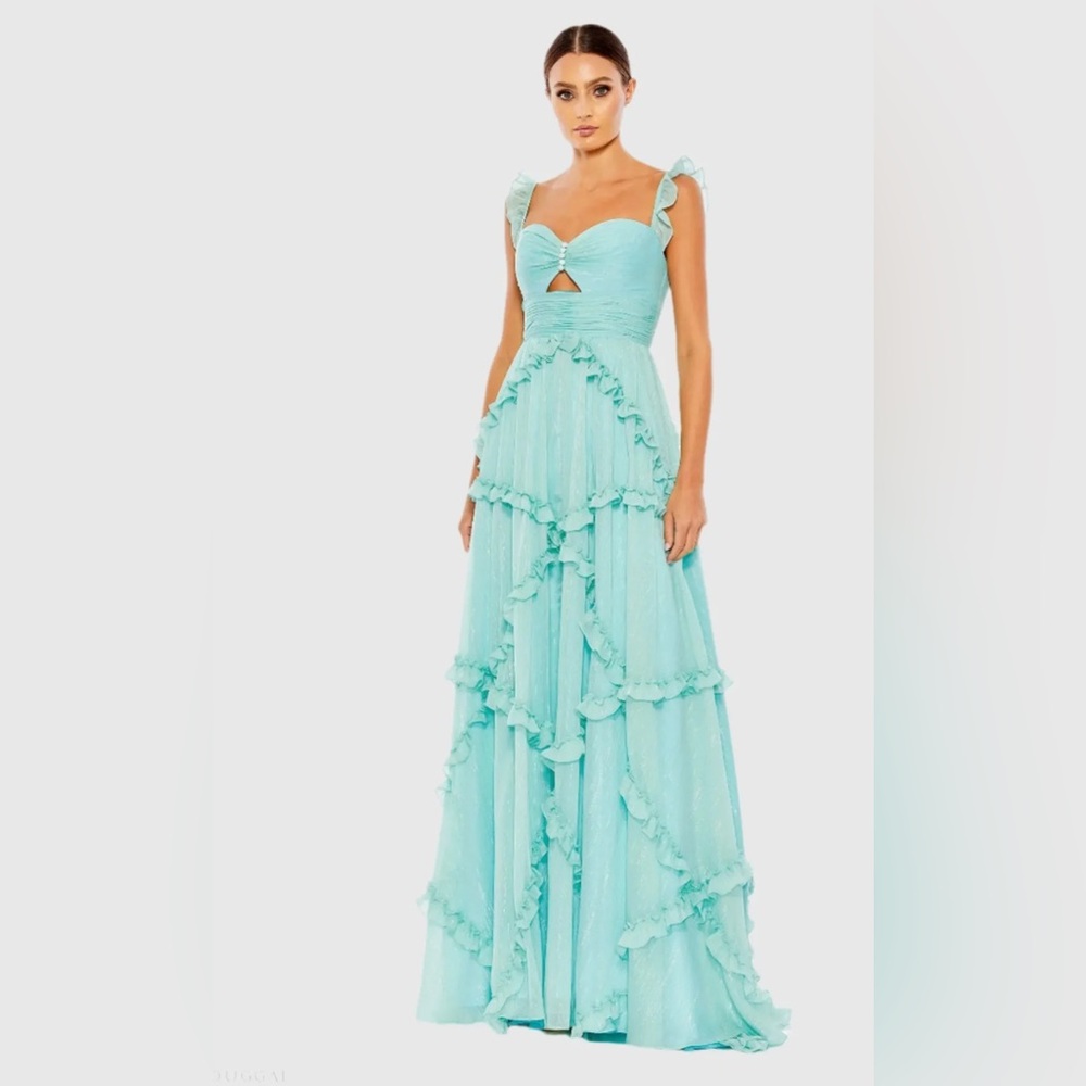 MacDuggal Blue Ruffle Tiered Sleeveless Flowy A Line Gown Ruffle Maxi Dress